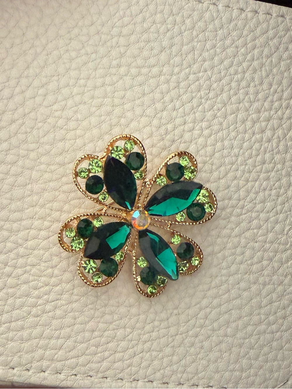 Gold-Tone Green Crystal Flower Brooch